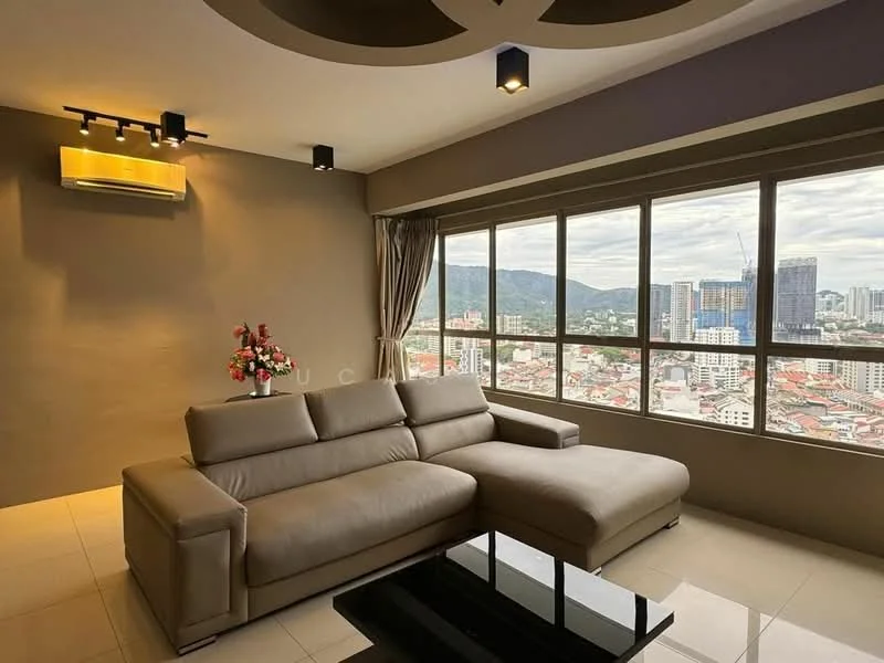 Living features: L-shape sectional sofa in light grey, glass coffee table, floor-to-ceiling windows, city skyline view, wall-mounted split AC, recessed downlights, decorative wall with grey paint, curtains, decorative flower arrangement; style: modern; view: city.
