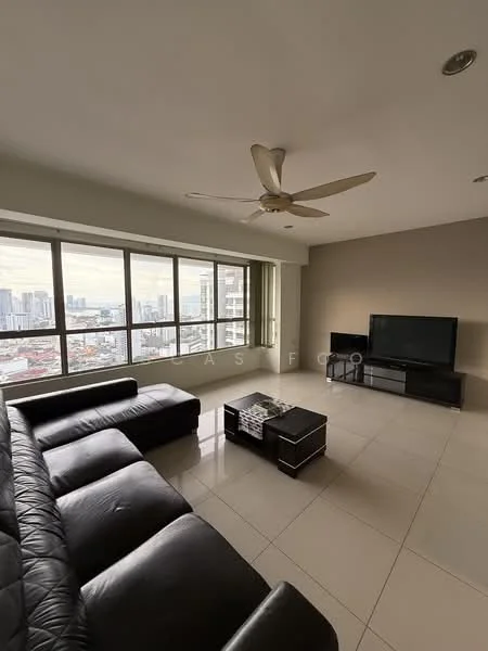 Living features: L-shape sectional sofa in black leather, coffee table with glass top, wall-mounted TV, floor-to-ceiling windows, city skyline view, 5-blade ceiling fan with light, polished ceramic tile flooring, neutral painted walls; style: modern; view: city.