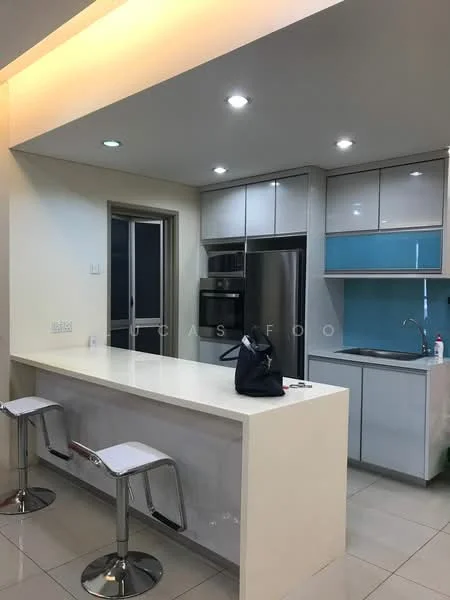 Kitchen features: white cabinetry with glossy finish, stainless-steel refrigerator, single-bowl stainless-steel sink, chrome pull-down faucet, white quartz countertop, tile backsplash in blue, built-in oven, 4-burner gas hob, pendant lighting, bar seating with two stools, floor-to-ceiling window, light-colored tile flooring, recessed downlights; style: modern.