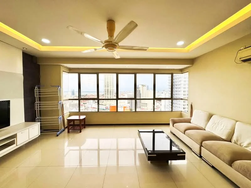 Living features: 5-blade ceiling fan with light, floor-to-ceiling windows, beige fabric sofa, coffee table with glass top, white TV console, cream painted walls, recessed lighting, glossy tile flooring, city view; style: modern; view: city.