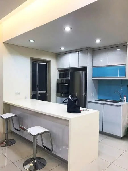 Kitchen features: white cabinetry with blue accent, stainless-steel refrigerator, built-in oven, single-bowl stainless-steel sink, chrome pull-down faucet, white countertop, ceramic tile flooring, recessed downlights, floor-to-ceiling window, bar seating with two stools; style: modern.