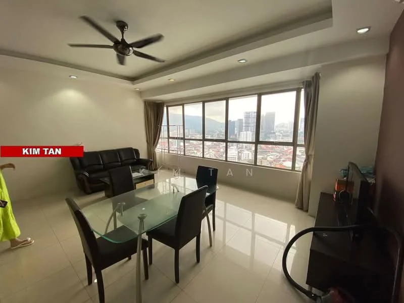 Living features: 3-seater leather sofa in black, glass dining table for 4, black dining chairs, floor-to-ceiling windows, city skyline view, white painted walls, recessed downlights, ceiling fan, tile flooring, TV console, wall-mounted TV, decorative wall art; style: modern; view: city.