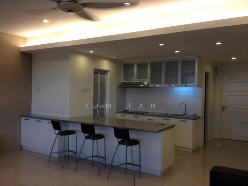 Kitchen features: white cabinetry with glass-front upper cabinets, grey countertop, stainless-steel sink, chrome pull-down faucet, built-in oven, freestanding range oven, refrigerator, pendant lighting, 5-blade ceiling fan, ceramic tile flooring, white painted walls, recessed downlights; style: modern.