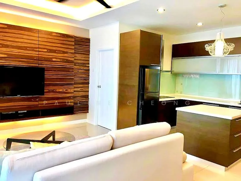 Living features: white painted walls, wood feature wall with horizontal slats, glossy tile flooring, sofa in light fabric, coffee table with circular glass top, wall-mounted TV, built-in cabinetry, recessed downlights, pendant light fixture, open kitchen layout; style: modern. Kitchen features: dark wood cabinetry, white quartz countertop, stainless-steel fridge, built-in oven, glass backsplash, single-bowl stainless-steel sink, chrome pull-down faucet, induction cooktop, open shelving; style: modern.