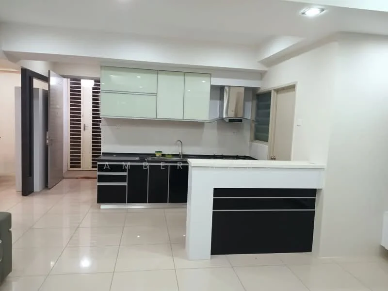 Kitchen features: white and black cabinetry, glass upper cabinets, black countertop, stainless-steel sink, chrome pull-down faucet, built-in oven, 4-burner gas hob, exhaust hood, ceramic tile flooring, recessed downlights, open layout to living area; style: modern.