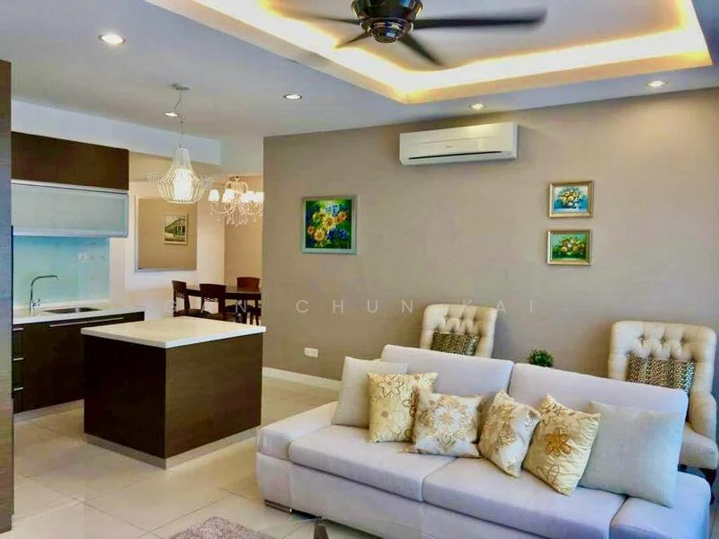Living features: 3-seater fabric sofa in light grey, decorative cushions in gold and cream, coffee table, wall-mounted TV, ceiling fan with light, recessed LED downlights, cream painted walls, tile flooring, area rug, framed artwork on walls, potted plants; style: modern. Kitchen features: kitchen island with white countertop, stainless-steel sink, built-in cabinetry, recessed lighting, open layout to living area; style: modern.