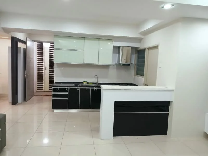 Kitchen features: black and white cabinetry, glass upper cabinets, black lower cabinets, white countertop, stainless-steel range hood, 4-burner gas hob, built-in oven, double-bowl stainless-steel sink, wall-mounted window, ceramic tile flooring, recessed downlights, open layout to living area; style: modern.