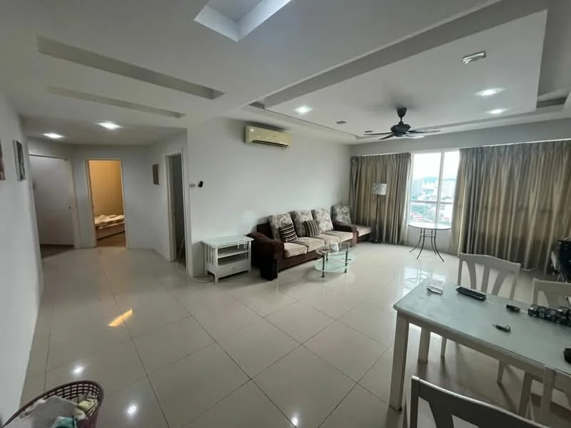 Living features: cream painted walls, white ceiling with recessed lighting, 5-blade ceiling fan, large window with city view, curtains, tile flooring, sofa with beige upholstery, coffee table, TV console, dining table with white chairs; style: modern; view: city. Room features: door leading to bedroom, door leading to hallway.