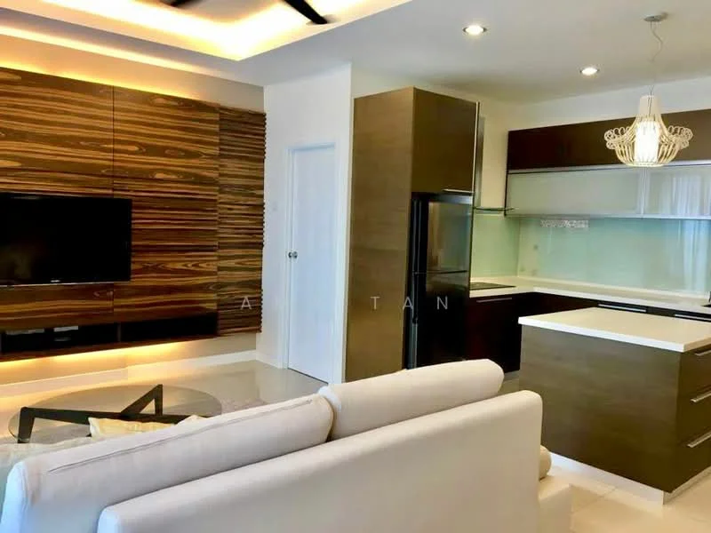 Living features: white sofa, wooden feature wall with horizontal panels, wall-mounted TV, glass coffee table, recessed lighting, ceiling with tray design, pendant light fixture, open kitchen layout; style: modern. Kitchen features: stainless-steel fridge, built-in oven, glass backsplash, white countertop, dark cabinetry, open shelving, kitchen island with seating, under-cabinet lighting; style: modern.