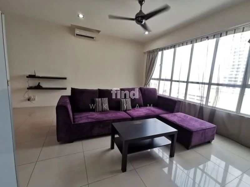 Living features: purple fabric L-shape sectional sofa, black coffee table, floor-to-ceiling windows, white walls, recessed downlights, ceiling fan, tile flooring, shelves on wall; style: modern; view: city.
