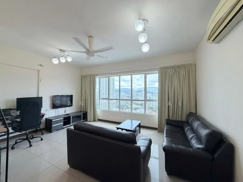 Living features: 2-seater leather sofa, 3-seater leather sofa, coffee table, TV console, wall-mounted TV, floor-to-ceiling windows, curtains, ceiling fan, recessed downlights, air conditioning unit, tile flooring, decorative wall art; style: modern; view: city.