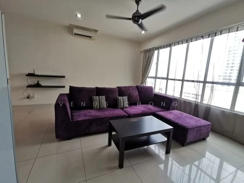 Living features: purple fabric sectional sofa, black coffee table, floor-to-ceiling windows, curtains, wall-mounted shelves, wall-mounted air conditioning unit, tile flooring, recessed downlights, ceiling fan; style: modern; view: city.