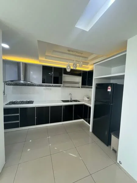 Kitchen features: black cabinetry, white countertop, stainless-steel gas hob, stainless-steel range hood, single-bowl stainless-steel sink, chrome pull-down faucet, black refrigerator, tile backsplash with mosaic pattern, recessed ceiling lights, pendant lighting, ceramic tile flooring, open shelving; style: modern.