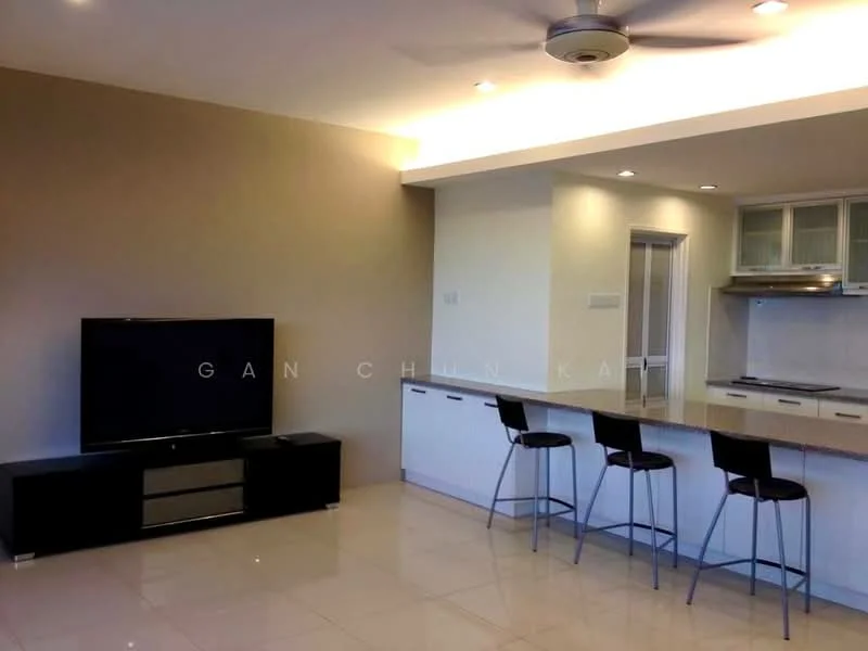 Living features: large flat-screen TV on black console, black console table, cream painted walls, recessed ceiling lights, 5-blade ceiling fan, glossy tile flooring, open layout to kitchen, bar stools at kitchen counter; style: modern. Kitchen features: white cabinetry, stainless-steel range hood, built-in oven, countertop with bar seating, ceramic tile backsplash, open layout to living area; style: modern.