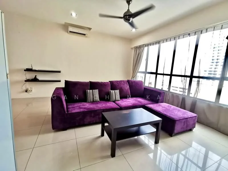 Living features: purple fabric L-shape sectional sofa, black coffee table, floor-to-ceiling windows, white walls, cream tiled flooring, 1 wall-mounted split AC, ceiling fan, shelves on wall; style: modern; view: city.