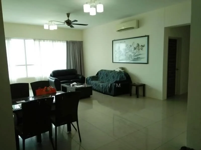 Living features: 3-seater leather sofa in black, 2-seater fabric sofa in blue, coffee table, dining table with 6 chairs, ceiling fan, recessed LED downlights, floor-to-ceiling windows, curtains, air conditioning unit, tile flooring, wall-mounted artwork; style: modern.