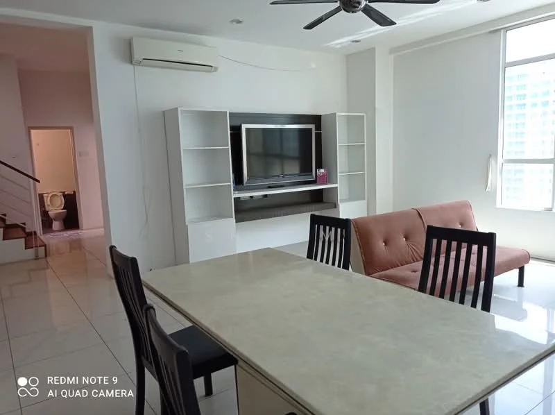 Living features: 3-seater fabric sofa in beige, dining table with marble top, 4 dining chairs, wall-mounted TV, TV console, ceiling fan, floor-to-ceiling windows, white painted walls, tile flooring, air conditioning unit; style: modern. Room features: toilet visible in background.