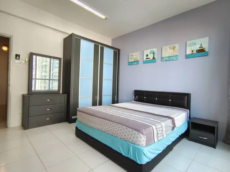Bedroom features: king-size bed, upholstered headboard, grey bed linens with polka dots, built-in wardrobe with sliding doors, black bedside table, 3-drawer dresser, framed artwork on walls, white tiled flooring, recessed ceiling lights, light purple painted walls; style: modern.