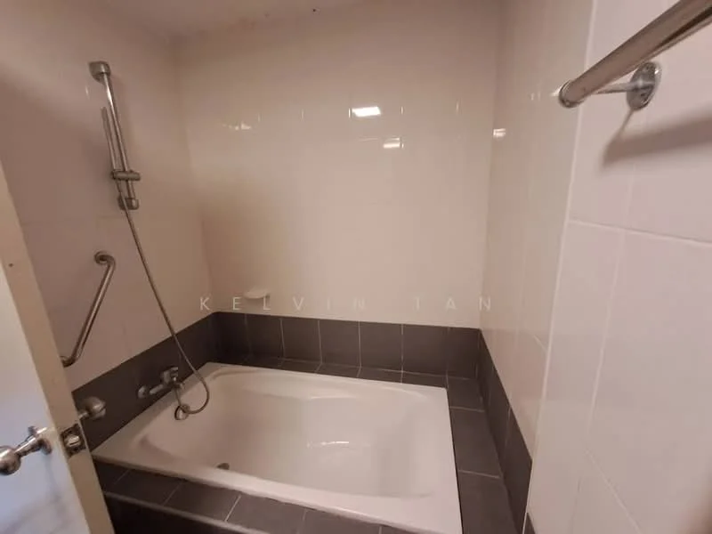 Bathroom features: built-in bathtub, handheld shower, chrome basin mixer, white tiled walls, grey tiled flooring, grab bar, shower head, tub spout; style: modern.