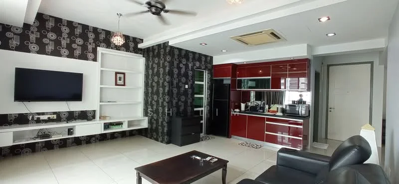 Living features: black and white patterned wallpaper, white painted walls, tile flooring, 5-blade ceiling fan, wall-mounted TV, black leather sofa, wood coffee table, built-in white shelving unit, red cabinetry, stainless-steel appliances, recessed lighting, glass door leading to another room; style: modern.