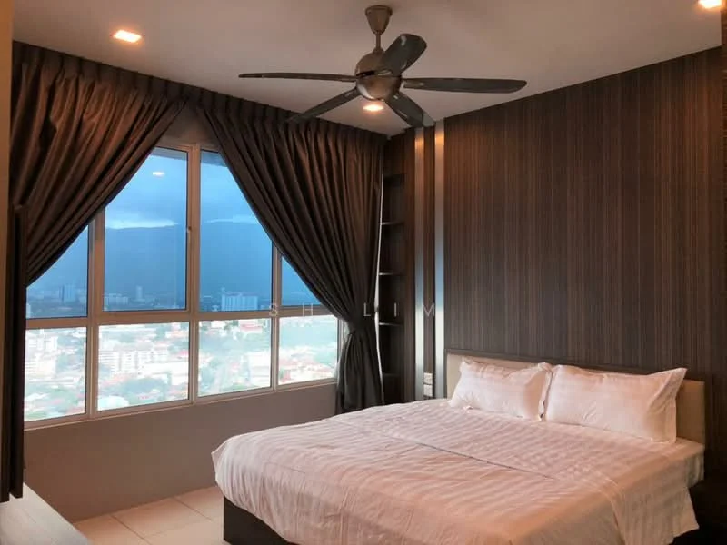 Bedroom features: king-size bed, white bedding, floor-to-ceiling windows, blackout curtains, 5-blade ceiling fan, wood panel accent wall, nightstand, built-in shelving, tile flooring; style: modern; view: city.