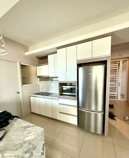 Kitchen features: white cabinetry with flat-panel doors, stainless-steel fridge, built-in microwave, grey marble countertop, ceramic tile flooring, grey backsplash, stainless-steel sink, chrome pull-down faucet, wall-mounted range hood, open shelving, recessed downlights; style: modern.