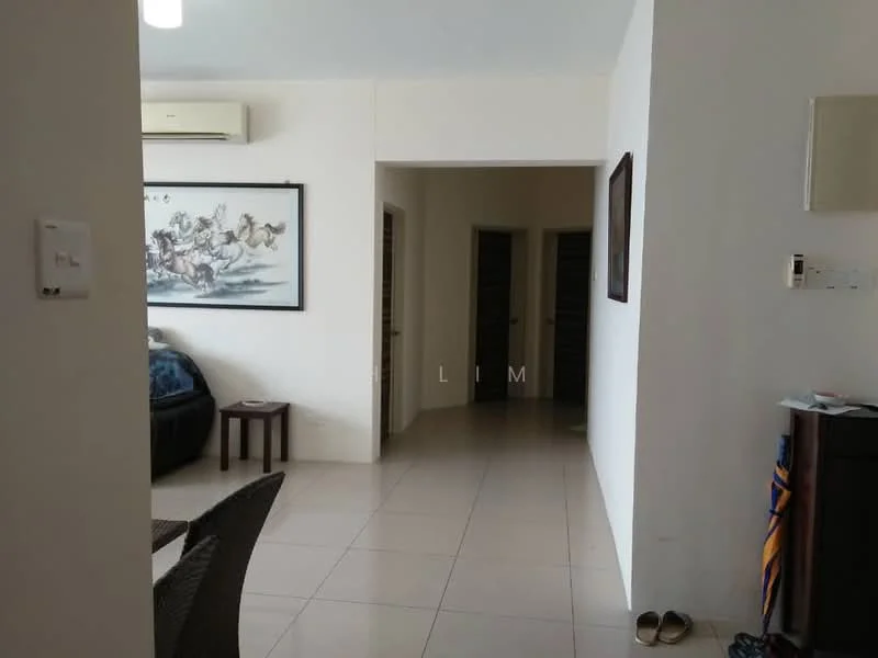 Room features: white painted walls, tile flooring, ceiling-mounted air conditioning unit, recessed ceiling lights, wooden side table, artwork on wall, doorway leading to other rooms, open layout, sliding doors, visible shoes on floor; style: modern.