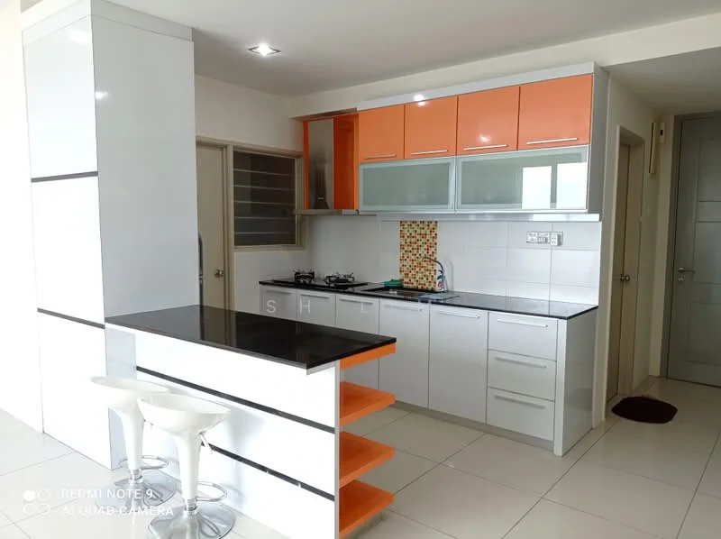 Kitchen features: white cabinetry with orange accents, black granite countertop, stainless-steel gas hob, built-in oven, white tiled backsplash with mosaic pattern, double-bowl stainless-steel sink, chrome pull-down faucet, bar seating with white stools, ceramic tile flooring, recessed downlights, sliding glass door, window with sheer curtains; style: modern.