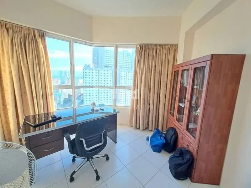 Study features: floor-to-ceiling windows, curtains, wooden desk, black office chair, glass decor item on desk, wooden cabinet, white tiled flooring, city view; style: modern; view: city.