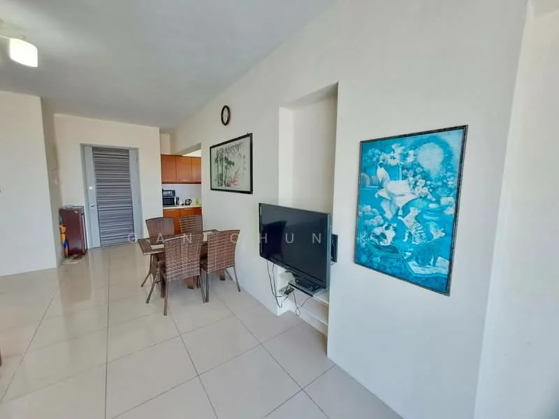 Living features: white painted walls, glossy tile flooring, ceiling light fixture, wall-mounted TV, decorative artwork, open layout, dining area with 4-seater dining table, woven dining chairs; style: modern.