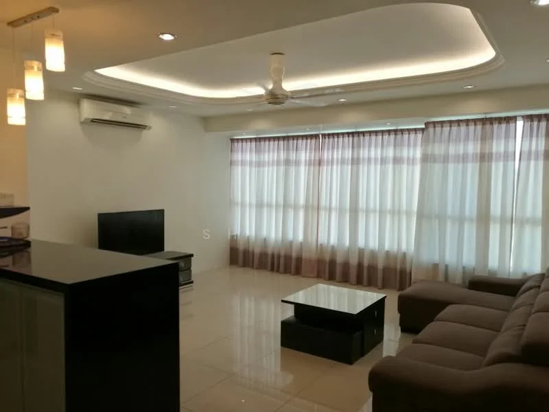 Living features: 5-blade ceiling fan with integrated LED light, recessed downlights, cream painted walls, white ceiling with tray design, large floor-to-ceiling windows, sheer curtains, dark coffee table, grey sectional sofa, TV console, wall-mounted TV, glossy tile flooring; style: modern.