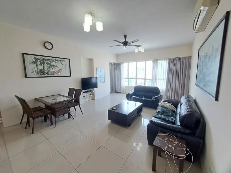 Living features: white painted walls, glossy tile flooring, 5-blade ceiling fan with light, recessed downlights, sofa in black leather, coffee table in dark wood, TV console, wall-mounted TV, dining table with 4 chairs, curtains, decorative wall art, clock on wall; style: modern.