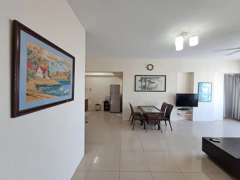 Living features: cream painted walls, glossy tile flooring, 5-blade ceiling fan with light, wall-mounted TV, dining table with six chairs, framed artwork on wall, decorative clock, large window with sheer curtains, sofa, coffee table; style: modern. Room features: refrigerator, kitchen area visible, open layout.