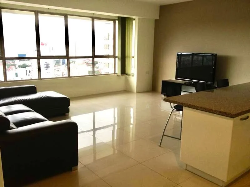 Living features: 3-seater leather sofa in black, coffee table, wall-mounted TV, TV console, floor-to-ceiling windows, cream painted walls, glossy tile flooring, recessed downlights; style: modern; view: city.
