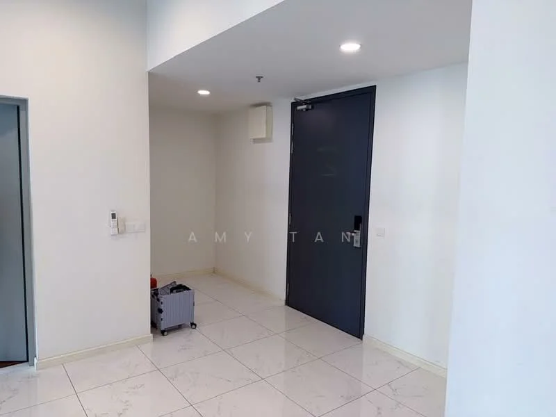 Room features: white painted walls, marble tile flooring, recessed downlights, main entrance door, doorbell, corner wall with no visible features, empty space, small luggage, air conditioning vent; style: modern.