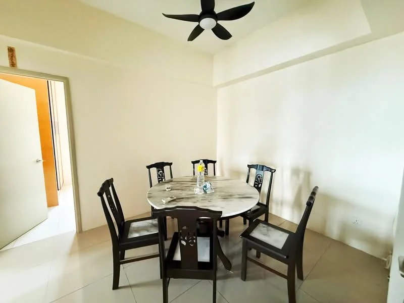 Dining features: round marble dining table, 6 upholstered dining chairs, cream painted walls, tile flooring, ceiling fan, natural light from door, decorative centerpiece on table; style: modern.