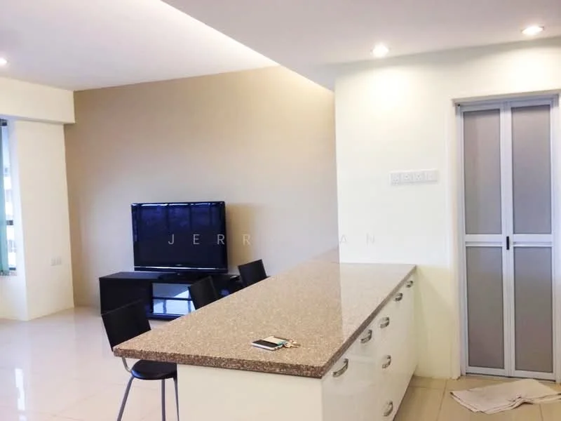 Living features: cream painted walls, grey accent wall, glossy tile flooring, recessed downlights, wall-mounted TV, black dining chairs, kitchen island with granite countertop, sliding glass door, open layout, decorative items on countertop; style: modern.