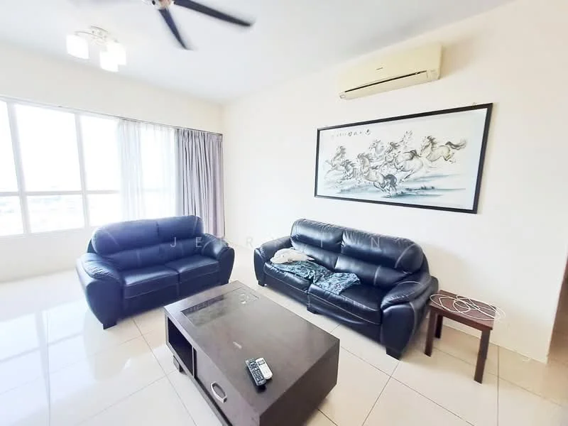 Living features: 2 black leather sofas, coffee table, wall-mounted air conditioning unit, large windows with city view, curtains, tile flooring, decorative wall art, ceiling light fixture, remote control on table; style: modern; view: city.