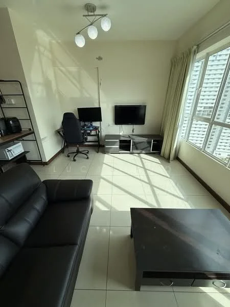 Living features: black leather sofa, coffee table, TV console, wall-mounted TV, desk with computer monitors, office chair, floor-to-ceiling windows, curtains, tile flooring, recessed ceiling lights; style: modern; view: city.