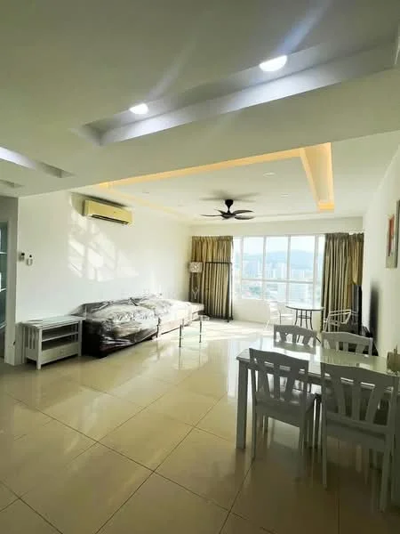 Living features: cream painted walls, white ceiling with recessed lighting, 5-blade ceiling fan with light, floor-to-ceiling windows, curtains in neutral color, light-colored tiled flooring, sofa with throw pillows, glass coffee table, dining table with white chairs, air conditioning unit on wall; style: modern; view: city.