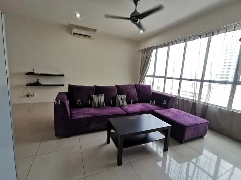 Living features: purple fabric sectional sofa, black coffee table, wall-mounted shelves, floor-to-ceiling windows, curtains, wall-mounted split AC, light-colored walls, tile flooring, ceiling fan with light; style: modern; view: city.