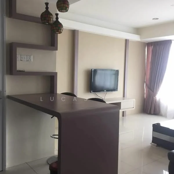 Living features: white painted walls, glossy tile flooring, recessed downlights, wall-mounted TV, built-in TV console, bar counter with purple finish, two black bar stools, floor-to-ceiling windows with sheer curtains, decorative pendant lights; style: modern.