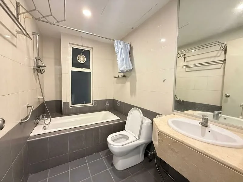 Bathroom features: bathtub, shower with glass screen, chrome wall-mounted faucet, single-sink vanity with stone countertop, white toilet, mirror above sink, towel rack, grey tile flooring, cream tiled walls, window for natural light; style: modern.