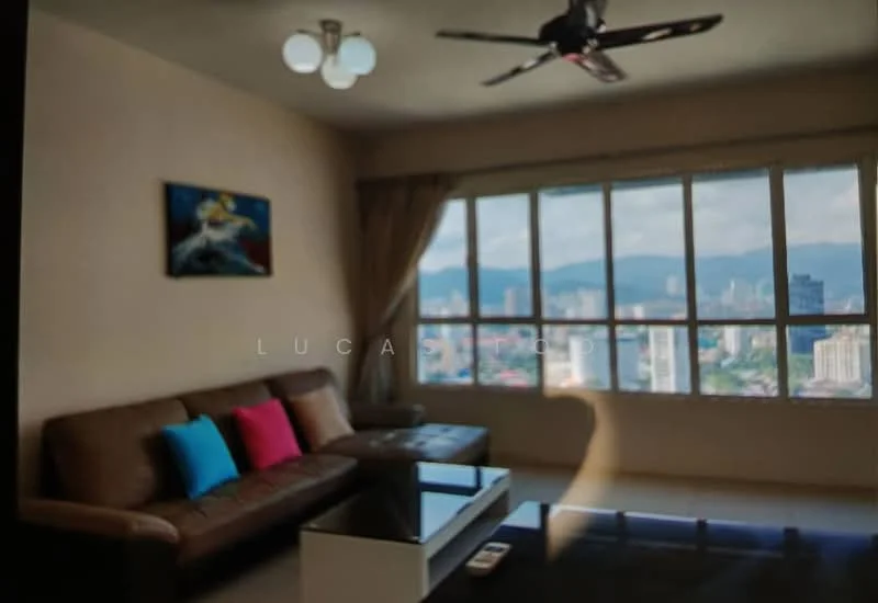 Living features: 3-seater leather sofa in brown, decorative cushions in pink and blue, glass coffee table, floor-to-ceiling windows, city skyline view, ceiling fan with light, wall-mounted artwork, curtains, light-colored walls, tile flooring; style: modern; view: city.