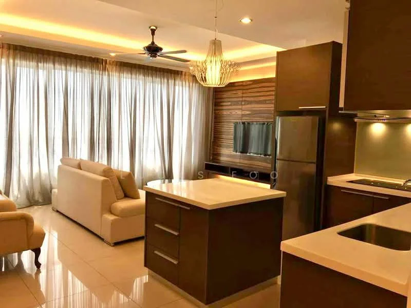 Living features: cream painted walls, white ceiling with recessed lighting, 5-blade ceiling fan with light, floor-to-ceiling windows with sheer curtains, light-colored sofa, coffee table, TV console, wall-mounted TV, wood panel accent wall, kitchen island with white countertop, stainless-steel fridge, built-in oven, stainless-steel sink, chrome pull-down faucet, ceramic tile flooring; style: modern.