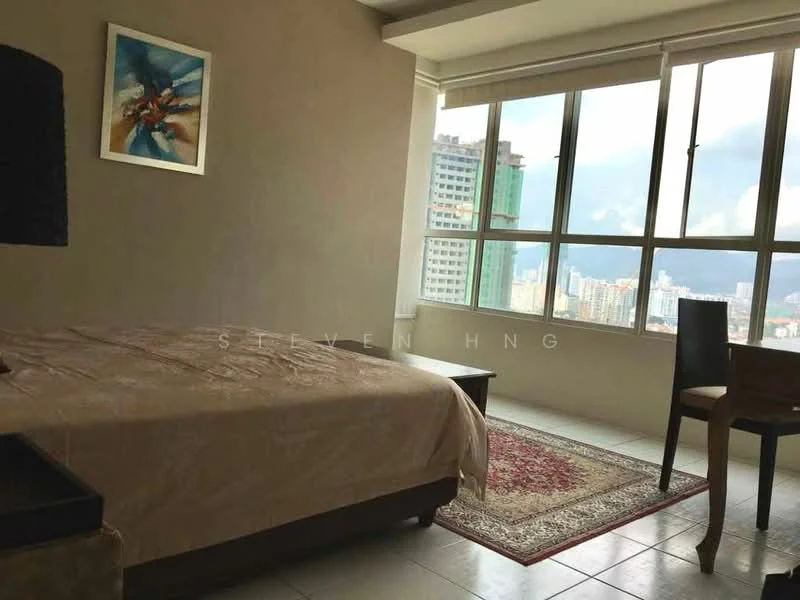Bedroom features: queen-size bed, beige bedspread, wooden bed frame, wooden bedside table, chair, area rug with geometric pattern, floor-to-ceiling windows, city view, white painted walls, tile flooring; style: modern; view: city.
