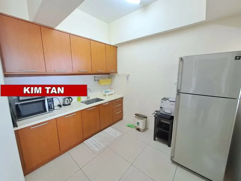 Kitchen features: brown wooden cabinetry, white countertop, single-bowl stainless-steel sink, chrome pull-down faucet, built-in microwave, stainless-steel fridge, electric kettle, toaster, ceramic tile flooring, wall-mounted shelf, white walls, recessed ceiling lights; style: modern.
