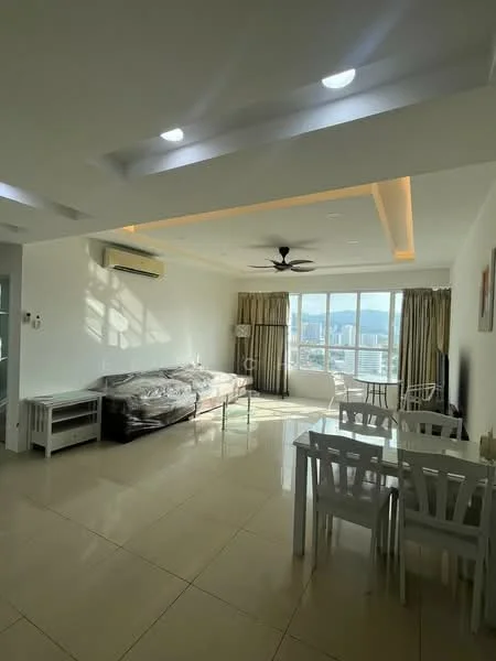 Living features: cream painted walls, white ceiling with recessed lighting, 5-blade ceiling fan, floor-to-ceiling windows, curtains, marble tile flooring, sofa covered in plastic, glass coffee table, TV console, dining table with white chairs, decorative artwork on the wall; style: modern; view: city.