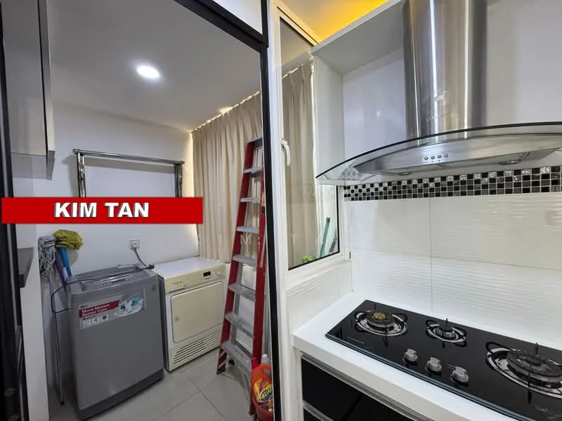 Laundry features: front-load washing machine, dryer, black gas hob with 4 burners, stainless-steel range hood, white cabinetry, black countertop, grey tiled flooring, white walls, window with sheer curtains, ladder, cleaning supplies; style: modern.