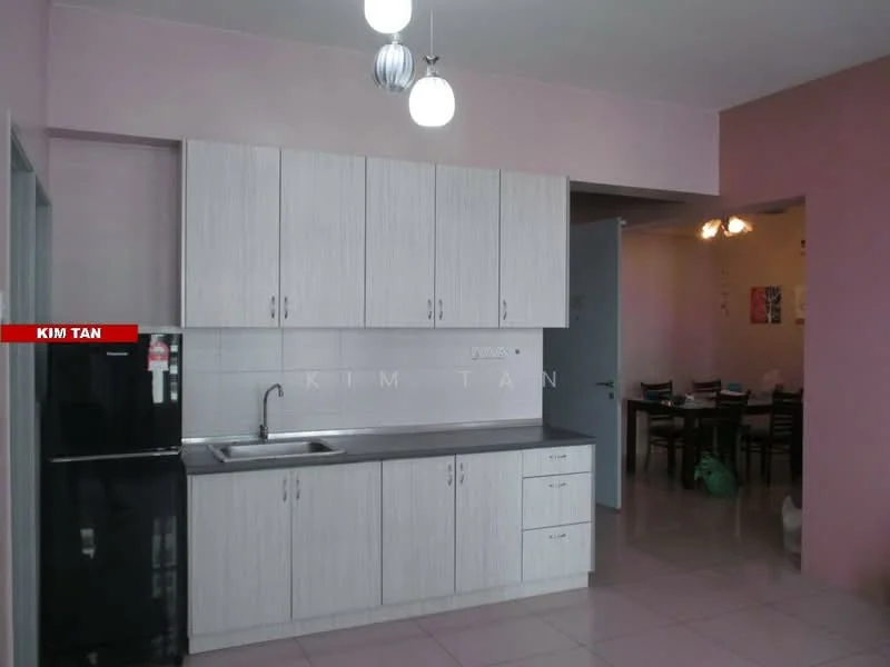 Kitchen features: light grey cabinetry, stainless-steel sink, chrome pull-down faucet, black fridge, white tiled backsplash, grey countertop, white walls, pink accent wall, recessed downlights, pendant lighting, open layout to dining area, ceramic tile flooring; style: modern. Dining features: dining table with chairs, decorative wall art, light fixtures, open layout to kitchen; style: modern.